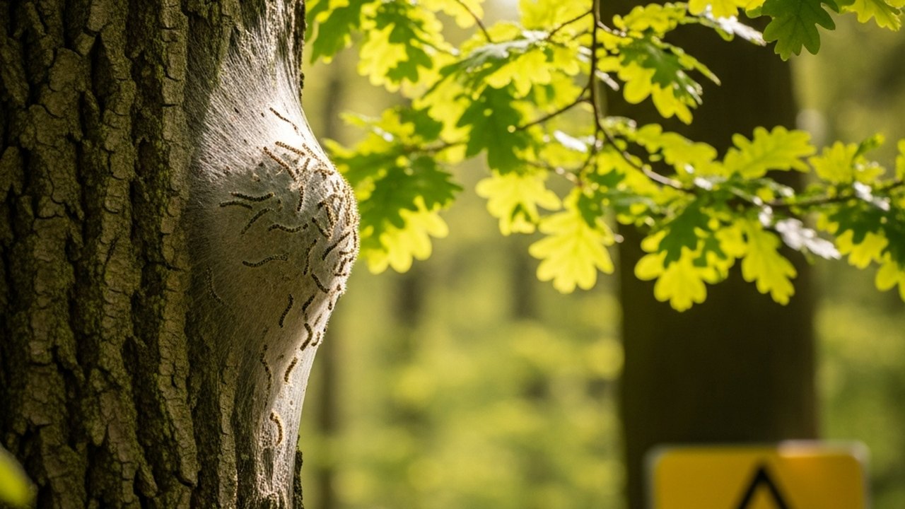 Eikenboom met zichtbaar nest van de eikenprocessierups in een Belgisch bos, lenteochtendlicht
