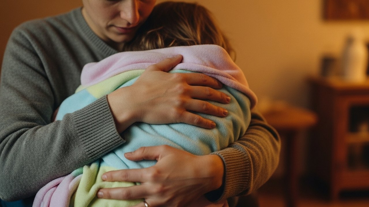 Jonge moeder troost huilend kind dat hand tegen oor houdt in slaapkamer